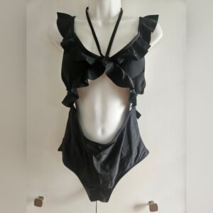 NWT Black Ruffled Cutout One Piece Swimsuit Size S